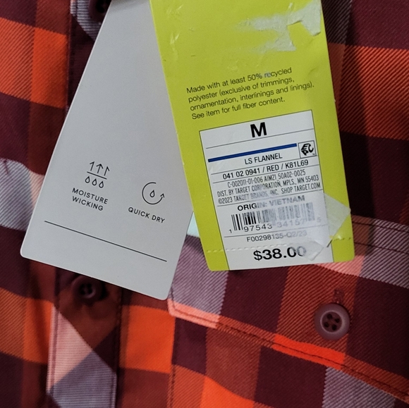 All In Motion Men's NWT Red Long Sleeve Flannel Button Down Shirt Size Medium - Picture 5 of 6